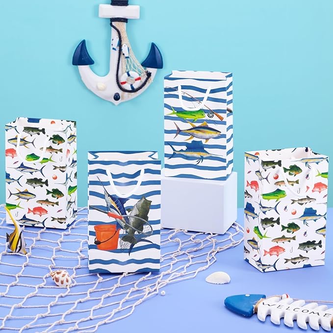 WERNNSAI 16PCS Gone Fishing Party Goodie Bags - Fishing Candy Gift Bags with Handle for Boys Litter Fisherman Birthday Supplies Favor Paper Treat Bag for Birthday Holiday Party Decotation