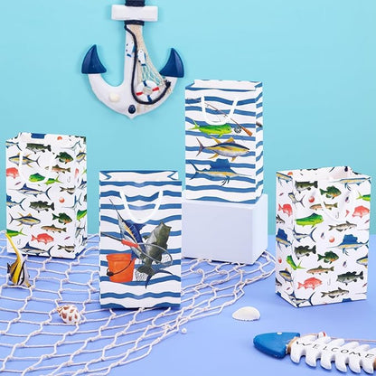 WERNNSAI 16PCS Gone Fishing Party Goodie Bags - Fishing Candy Gift Bags with Handle for Boys Litter Fisherman Birthday Supplies Favor Paper Treat Bag for Birthday Holiday Party Decotation