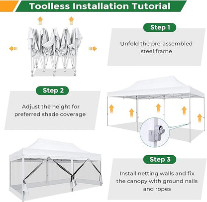 COBIZI 10x20 Heavy Duty Pop Up Canopy Tent with 6 Sidewalls, Easy Set Up Outdoor Waterproof Screen Commercial Party Tent with Mosquito Netting for Parties Backyard Patio, Roller Bag, White