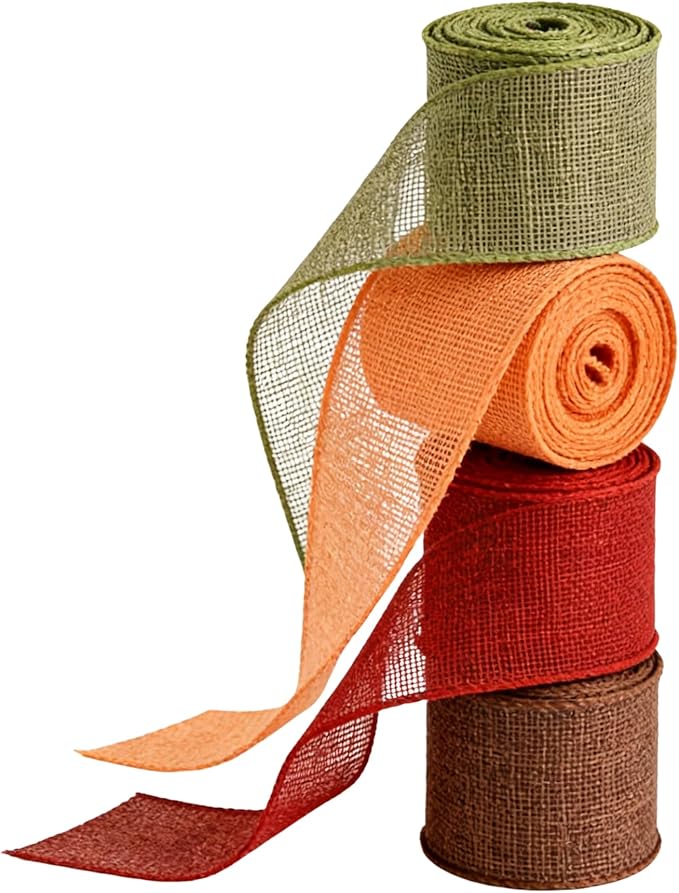 Meseey 1.5 Inch Fall Burlap Wired Ribbon Set, 4 Rolls Total 20 Yards Sage Green/Orange/Burgundy/Brown Solid Wired Edge Ribbons for Big Bows, Wreaths, Thanksgiving & Halloween Decor(FPR019)