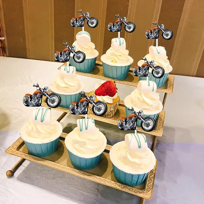Motorcycle Cupcake Topper,Dessert Cupcake Topper Motorcycle Rider Racing Sport Theme Decor Supplies Boy Man Happy Birthday Party Decorations 18pcs (Yellow)