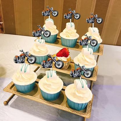 Motorcycle Cupcake Topper,Dessert Cupcake Topper Motorcycle Rider Racing Sport Theme Decor Supplies Boy Man Happy Birthday Party Decorations 18pcs (Yellow)