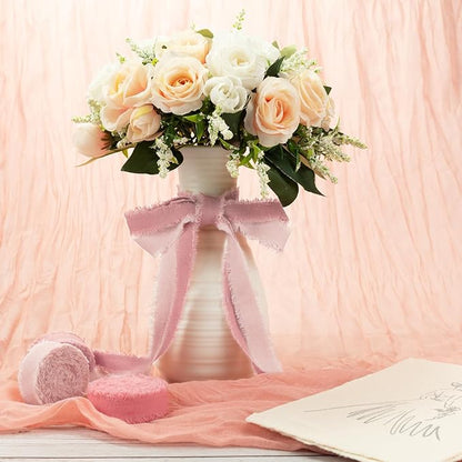 Pink Cotton Ribbon 5/8 Inch Pink, Baby Pink & Dusty Rose 3 Rolls 21 Yards Frayed Edge Fabric Set for Wedding Invitations, Bridal Shower, Baby Shower Decor, Bouquet Wrap & Gift Wrapping