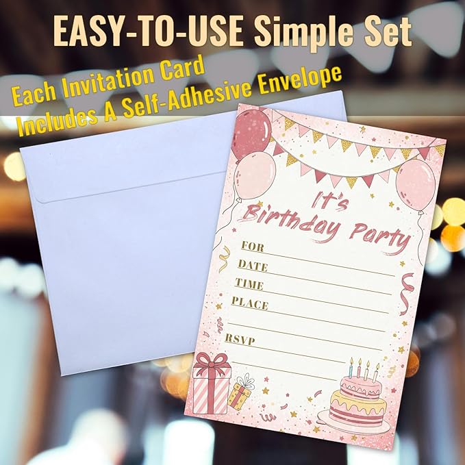 Sweet Birthday Invitations for Girl Teens Kids, 25 Pcs 4x6 Pink Gold Party Card Kit with Balloons, Bunting, Presents & Cakes - Sweet Colorful Childlike