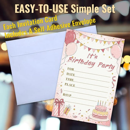Sweet Birthday Invitations for Girl Teens Kids, 25 Pcs 4x6 Pink Gold Party Card Kit with Balloons, Bunting, Presents & Cakes - Sweet Colorful Childlike