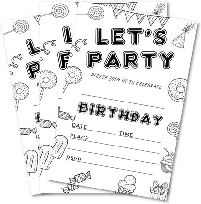 Let's Party Candyland Birthday Invitations for Girls Boys Teens Kids - Dessert, Hand Drawn Minimalism, Black and White, Candy Balloon Streamer - 25 Pcs 4x6 Inch with Envelopes (Black Pattern)