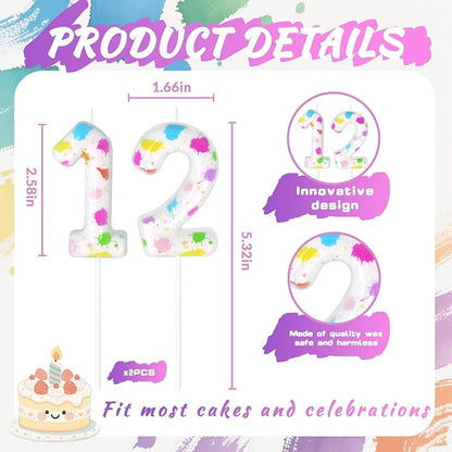 Paint Birthday Candles, Art Paint Party Decoration Supplies, Birthday Number Candles for Cake Topper (Multicolour, Number 12)