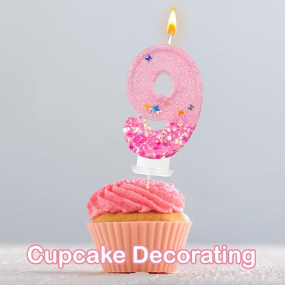 Pink Sequin Birthday Candles, Cake Number Candles, Girls 0th Birthday Decorations, Suitable for Birthday Parties, Anniversary Party Decorations(9)
