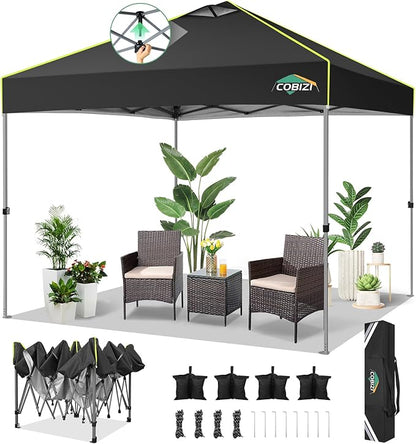 COBIZI 10x10 Pop Up Canopy One Push Party Tent with Air Vent Waterproof Commercial Outdoor Patio Gazebo for Parties Camping Shade Events Garden, 3 Adjustable Height, Carry Bag, Sandbag, Stakes, Black