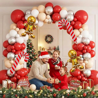 140PCS Christmas Balloon Arch Garland Kit with Red Nude White Silver Cane Gingerbread Man Balloons for Xmas Party Backdrop, Holiday Birthday Decorations, Winter or Snow Theme Baby Shower