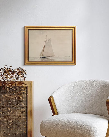 HUARCEY Gold Framed Vintage Wall Art for Living Room, Seaview Painting Prints Shelf Decor for Kitchen, Aesthetic Bedroom Wall Art, Christmas Gifts for Friends or Family (White Sailboat - 12"x16")