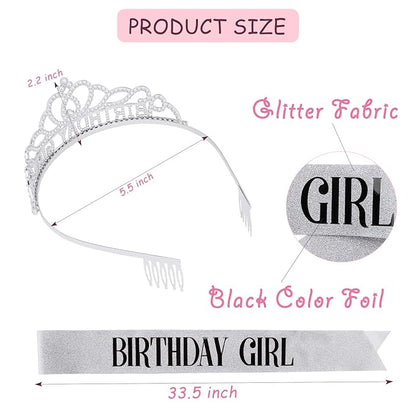 CIEHER Birthday Girl Crown and Birthday Sash Silver Birthday Tiara for Women Birthday Girl Headband Princess Crown Birthday Decorations Birthday Crown and Sash Rhinestone Happy Birthday Accessories Birthday Gifts