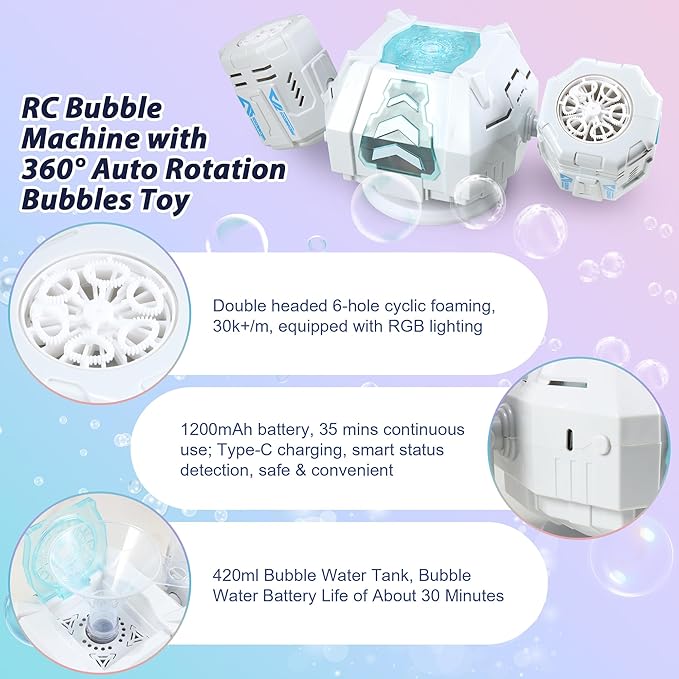2026 RC Bubble Machine with RGB Lights, 360° Auto Rotation Bubbles Toy, Rechargeable Battery, Bubble Blower Maker for Kids, Parties, Birthday Gift, Weddings, Indoor Outdoor Activity, 30k+ Bubbles/Min