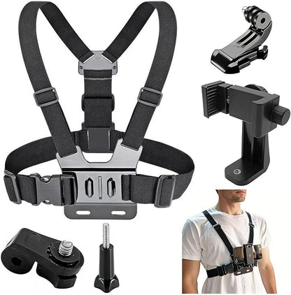 Adjustable Mobile Phone Chest Strap Harness Mount, Black, Compatible with iPhone, GoPro Hero, DJI Osmo Action Cameras