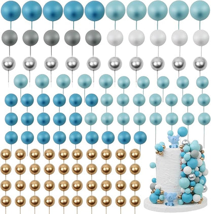 115 PCS Ball Cake Toppers - Mini Balloon Cake Decorations Foam Ball Cupcake Picks DIY cake Insert Toppers for Birthday Party Wedding Baby Shower - Blue Theme