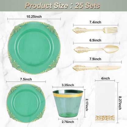 175PCS Clear Green Plastic Plates for 25 Guests, Disposable Plates with Gold Trim include 50 Dinner Plates, 75 Gold Silverware, 25 Cups, 25 Napkins for Party, Wedding and Graduation