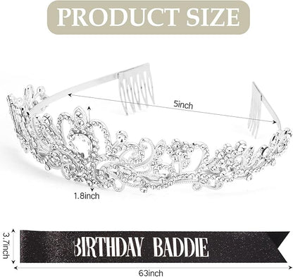 KICOSY 3PCS Birthday Baddie Sash, Crystal Crown and Sunglasses Funny Baddie Outfits Birthday Party Accessories