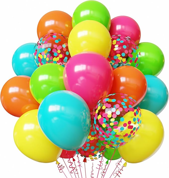 Summer Tropical Balloons, 50pcs 12 inch Hot Pink Green Orange Yellow Teal Blue Confetti Balloons for Baby Shower Theme Party Supplies Summer Birthday Party Decorations