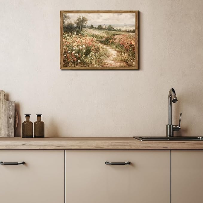 Vintage Floral Wall Art Nature Country Wildflower Wall Decor Painting Modern Botanical Flower Farmhouse Landscape Artwork 3D Textured Sandstone for Living Room Bedroom 24x36 inch Wood Framed