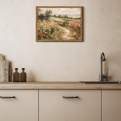Vintage Floral Wall Art Nature Country Wildflower Wall Decor Painting Modern Botanical Flower Farmhouse Landscape Artwork 3D Textured Sandstone for Living Room Bedroom 24x36 inch Wood Framed