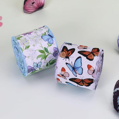 LaRibbons Double Faced Butterfly Wired Ribbon 2 Rolls 2.5 Inch x 12 Yards TTL, Blue and Purple Burlap Spring Ribbon with Plaid and Polka Dot Printed for Crafts Wreath Gift Wrapping Bow Decoration