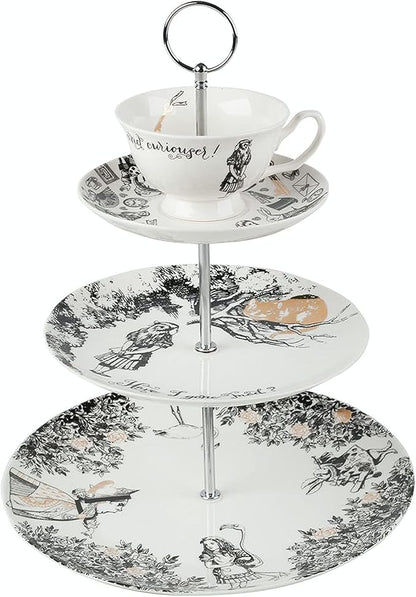 V&A Alice in Wonderland 3 Tier Cake Stand Serving Set, Cake Standing Set, Gift Boxed, White