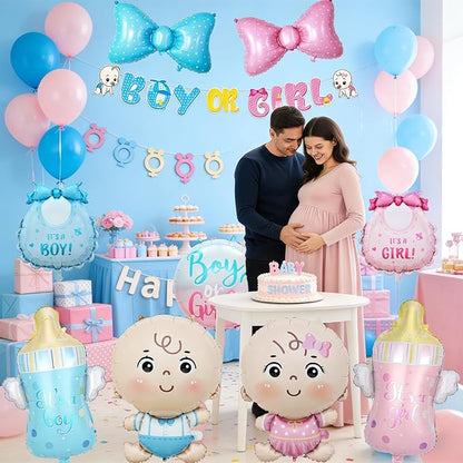 Gender Reveal Decoration Set - Includes Foil Balloon (Boy & Girl, Bibs, Bottles, Bows), 16inch Large Foil Balloon for Gender Reveal Party, Baby Shower Decor