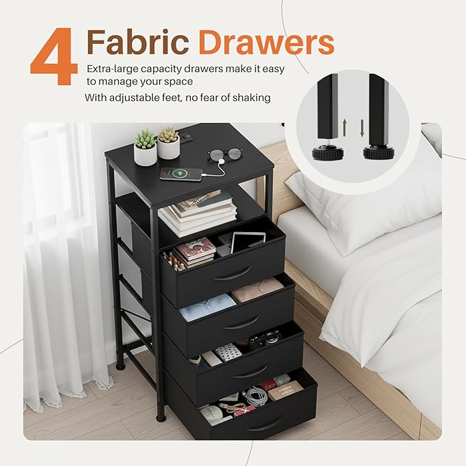 DUMOS Nightstand with Charging Station, LED Night Stand with 4 Fabric Drawers, Bedside End Table with USB/Type-C Ports and Outlets for Bedroom Furniture, Adjustable Feet, Black