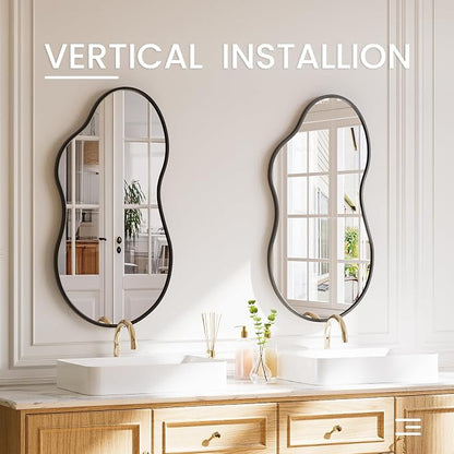 48”x 27” Irregular Wall Mirror, Black Vanity Asymmetrical Mirror, Aluminum Framed, Tempered Glass, Irregular Decorative Large Bathroom Mirrors for Wall (Horizontal/Vertical)