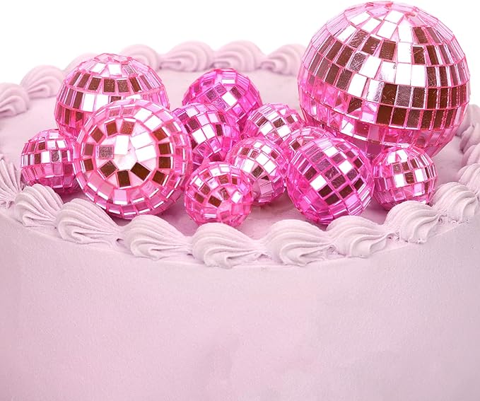 PEUTIER 12pcs Disco Ball Cake Toppers, 4 Sizes Disco Theme Cake Toppers Disco Ball Cupcake Decorations Dessert Accessories for Birthday Cake 70s Theme Party Favor(Pink)