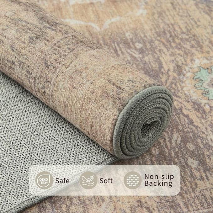 Rugxara 4x6 Rug for Living Room Bedroom, Beige Washable Throw Rugs, Vintage Retro Boho Area Rugs, Non Slip & Low Pile Accent Throw Carpet for Indoor Dining Room, Kids Room and Office(Beige 4x6ft)