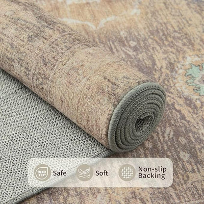 Rugxara 4x6 Rug for Living Room Bedroom, Beige Washable Throw Rugs, Vintage Retro Boho Area Rugs, Non Slip & Low Pile Accent Throw Carpet for Indoor Dining Room, Kids Room and Office(Beige 4x6ft)