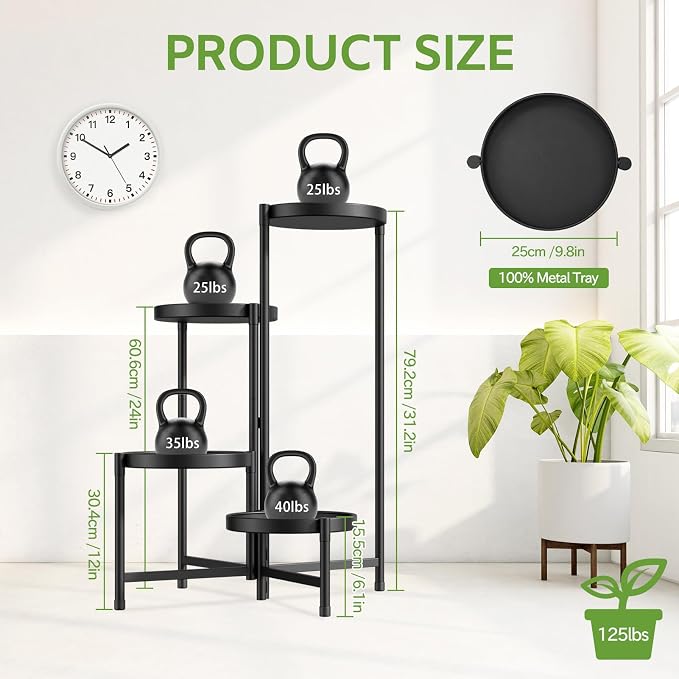 iDavosic.ly 4 Tier Large Plant Stand Indoor with 10 Inch Wide Tray, Tiered Corner Metal Outdoor Flower Display Holder Shelf, Folding Tall Rack for Patio Porch Living Room, Modern Black