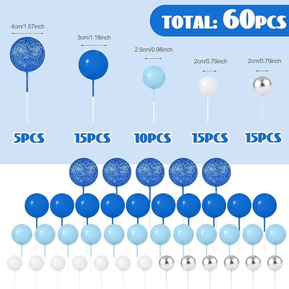 60Pcs Glitter Cake Balls Decorations Foam Cake Topper Balls Mini Balloon Cupcake Toppers for Cake Decorating Birthday Baby Shower Party (Glitter Blue Series)