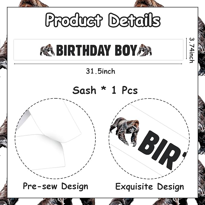 Godzilla Birthday Decoration Orangutan Birthday Boy Sash for Kids Men Angry Inflatable Gorillas Happy Bday Party Favor Sash King Kong Bday Decor Gorilla Baby Shower Parties Supply