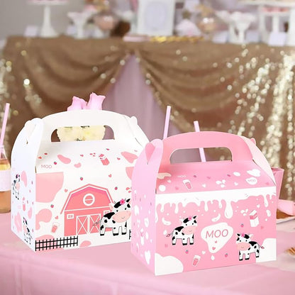 umoni Cow Party Favor Treat Boxes 12 Pack Pink Cow Gift Goodie Boxes for Girls Birthday, Farm Animal Theme, Barnyard Party Supplies