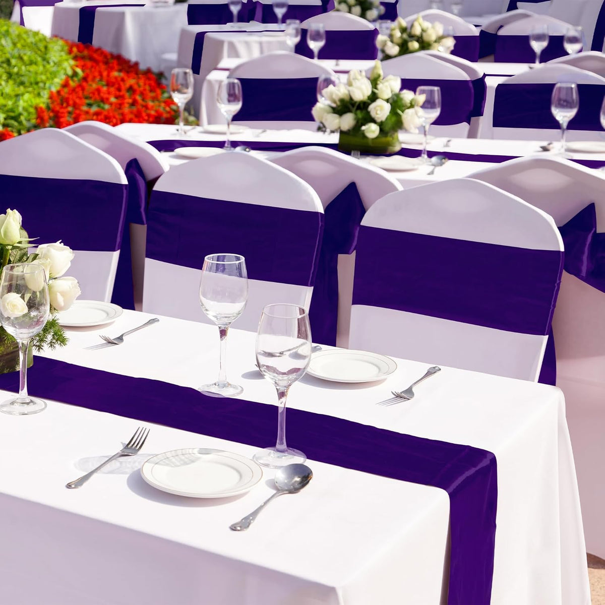 Aneco Satin 12 Pack Table Runner 12 x 108 Inch Dark Purple Long Wedding Satin Silk Table Runner for Wedding Banquet Graduations Birthday Party Decoration