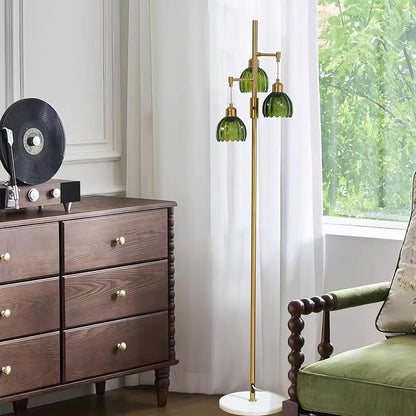 Dimmable Gold Floor Lamp,3-Light Vintage Retro Tree Floor Lamp,Farmhouse Standing Lamp with 3 Elegant Glass Green Flower lampshades for Living Room Bedroom (Brass Gold)