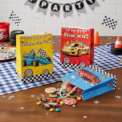 24 Pcs Racing Car Party Favor Bags with Handles - Race Car Goodie Bags Gift Bags. Checkered Two Fast Theme Candy Bags for Kids, Kraft Paper Bags for Birthday Party Supplies Decorations