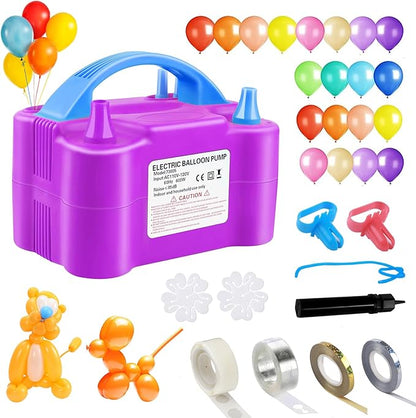 QIPUMP Balloon Pump,Dual Nozzles Electric Balloon Pump with 100 Balloons, Balloon Inflator Air Pump Balloon Blower with Tying Tool, Colored Ribbons for Party Birthday Wedding Festival Decoration