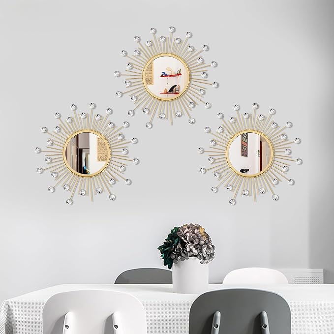 3 Pack Metal Mirrors for Wall Sunburst Wall Mirrors Home Décor Decorative Hanging Wall Art for Living Room Bedroom Entryway (Gold Crystal, Sunburst)