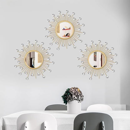 3 Pack Metal Mirrors for Wall Sunburst Wall Mirrors Home Décor Decorative Hanging Wall Art for Living Room Bedroom Entryway (Gold Crystal, Sunburst)