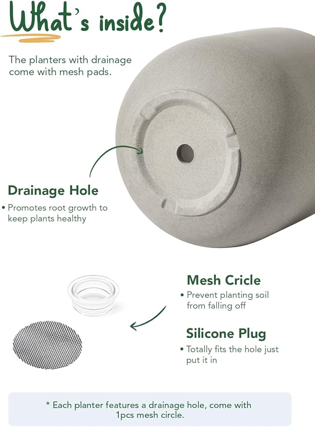 LE TAUCI 10 Inch Plant Pot, Ceramic Pots for Plants with Drainage Hole and Rubber Plug, Plant Pots Indoor for Home Garden Patio Office, Cylinder Flower Planter Pot, Neutral Gray