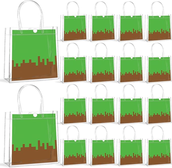 24Pcs Pixel Clear PVC Gift Bags with Handles Video Game Party Favor Bags Pixel Reusable Gift Wrap Tote Bag Gamer Goodie Treat Bag for Pixelated Birthday Baby Shower Party Supplies 8x8x3 Inch