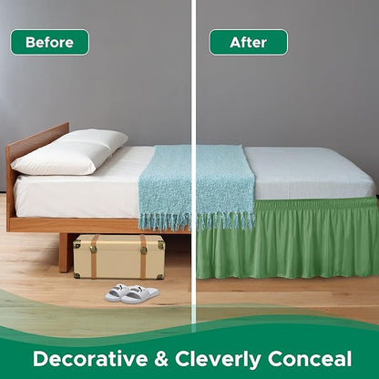 Biscaynebay Wrap Around Bed Skirts for Queen Beds 17" Long Drop, Sage Adjustable Elastic Dust Ruffles Easy Fit Wrinkle Resistant Silky Luxurious Fabric Machine Washable
