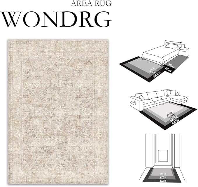 2x6 Beige Washable Runner Rug for Kitchen Hallway Neutral Soft Non Slip Rug Low Pile Vintage Distressed Carpet for Bathroom Bedroom Indoor Nursery