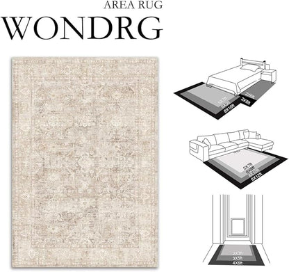 2x6 Beige Washable Runner Rug for Kitchen Hallway Neutral Soft Non Slip Rug Low Pile Vintage Distressed Carpet for Bathroom Bedroom Indoor Nursery