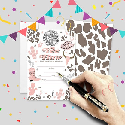 20 Sets Cowgirl Yee Haw Birthday Party Invitations With Envelopes,Western Disco Ball Double-sided Printed Birthday Party Invitation Invite Cards for Baby Girls,Saddle Up Birthday Invites