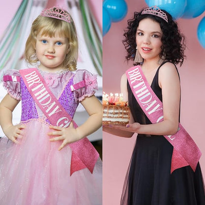 CIEHER Pink Birthday Crown and Sash Set, Women's Princess Birthday Accessory, One Size, Female, Girls