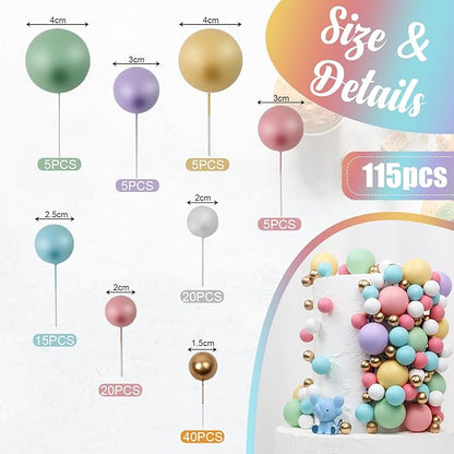115 PCS Ball Cake Toppers - Mini Balloon Cake Decorations Pastel Foam Balls Cupcake Picks DIY Cake Insert Toppers for Birthday Party Wedding Baby Shower - Rainbow Theme